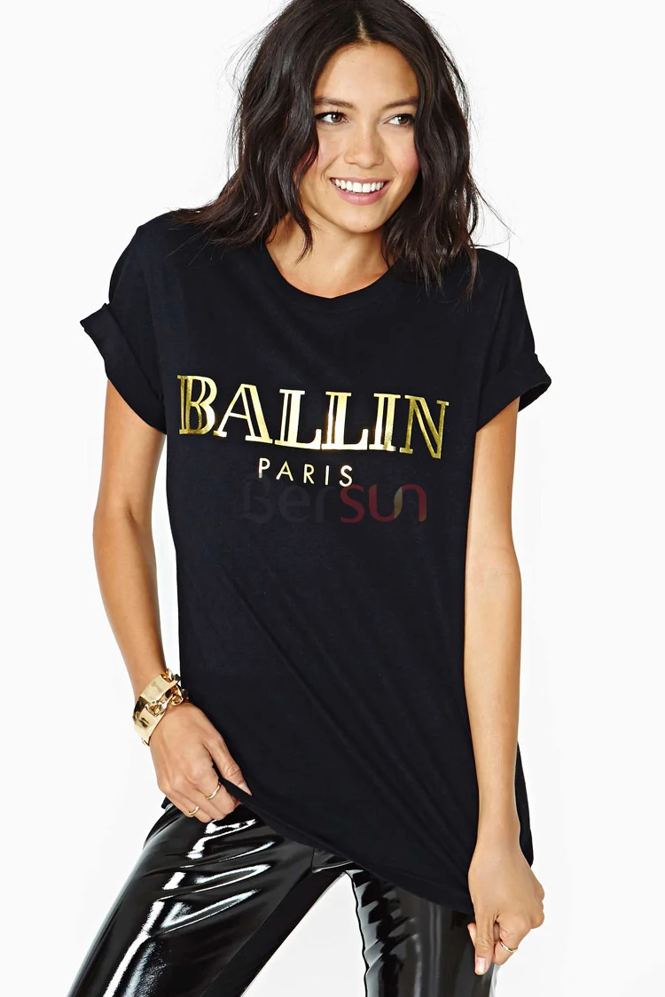 Bersun 2015 Summer Fashion Women T Shirt Letter BALLIN Bronzing Print Tops Tee Black O-neck Volumes Sleeve T-shirt | Женская одежда