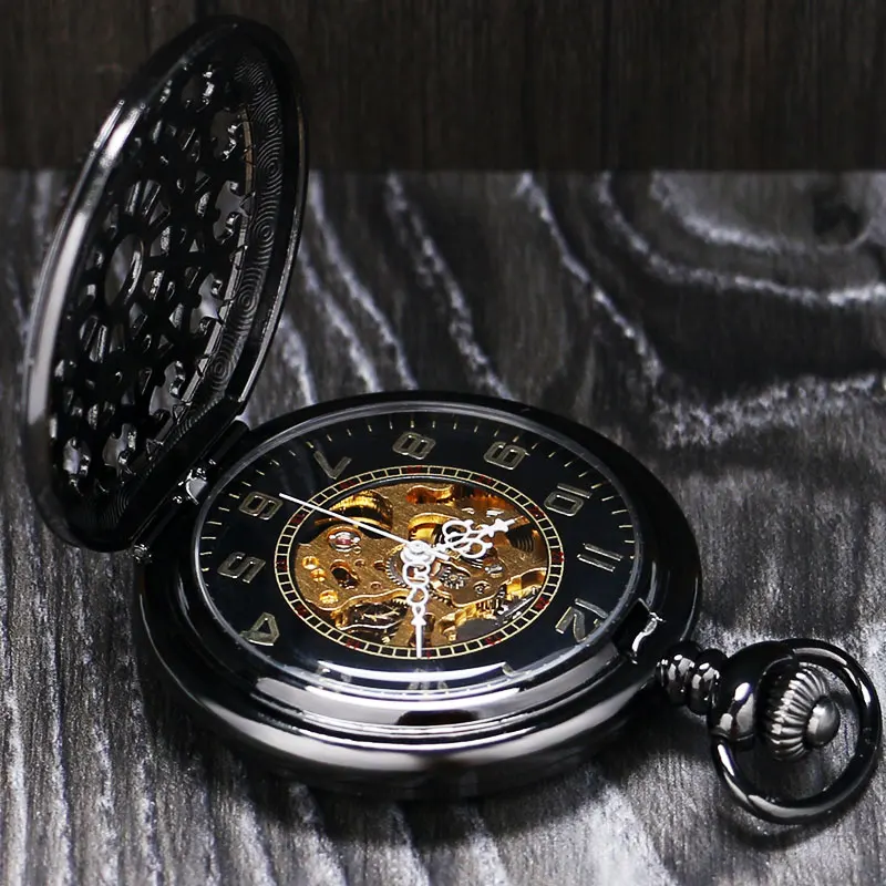 Мужские Механические карманные часы в стиле стимпанк черные металлические полые
