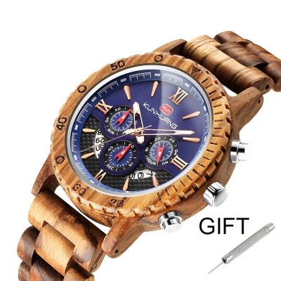 Fashion Wooden Men Watch Natural Zebra Wood Wristwatch with Date and Multiple Time Zone reloj hombre Men's Gift Watches W-K01 - Цвет: SK-03 Zebra wood