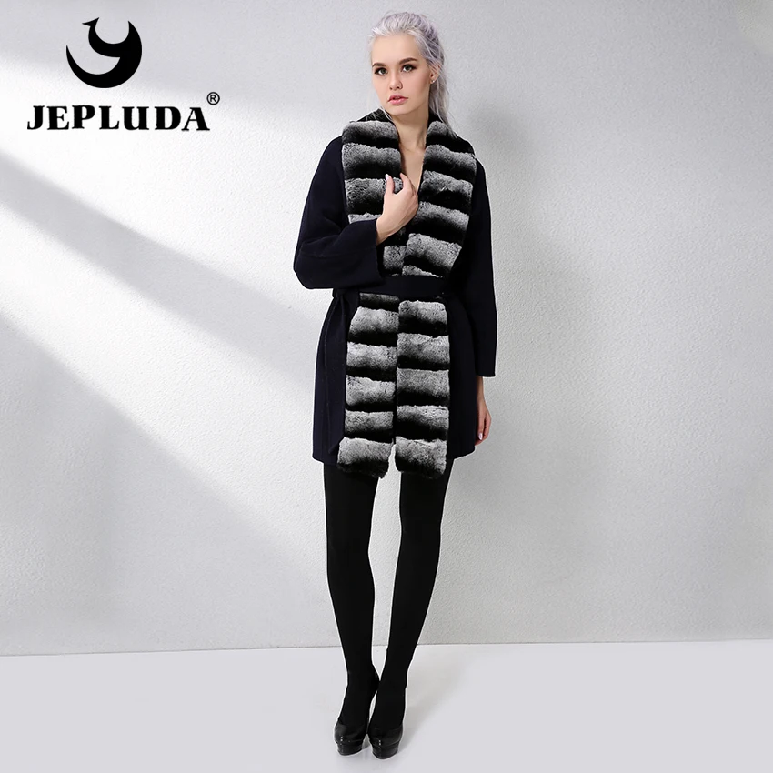 JEPLUDA Fashion Cashmere Coat Women With Genuine Rex Rabbit Fur Lapel Collar winter Real Leather Jacket Women|real fur coat|fur coat genuinefur real