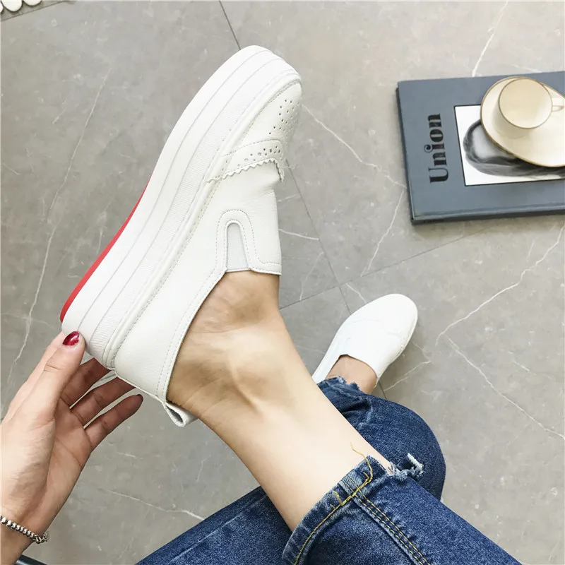 Genuine Leather Breathable Women Sneakers Fashion Increase Shoes for Slip on White Creepers Platform 2018 | Обувь