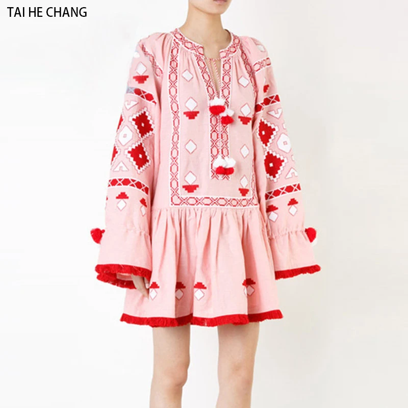 

women high-end vestidos elegant vintage bohemian runway casual pink Floral Embroidery full flare sleeve mini Loose dress