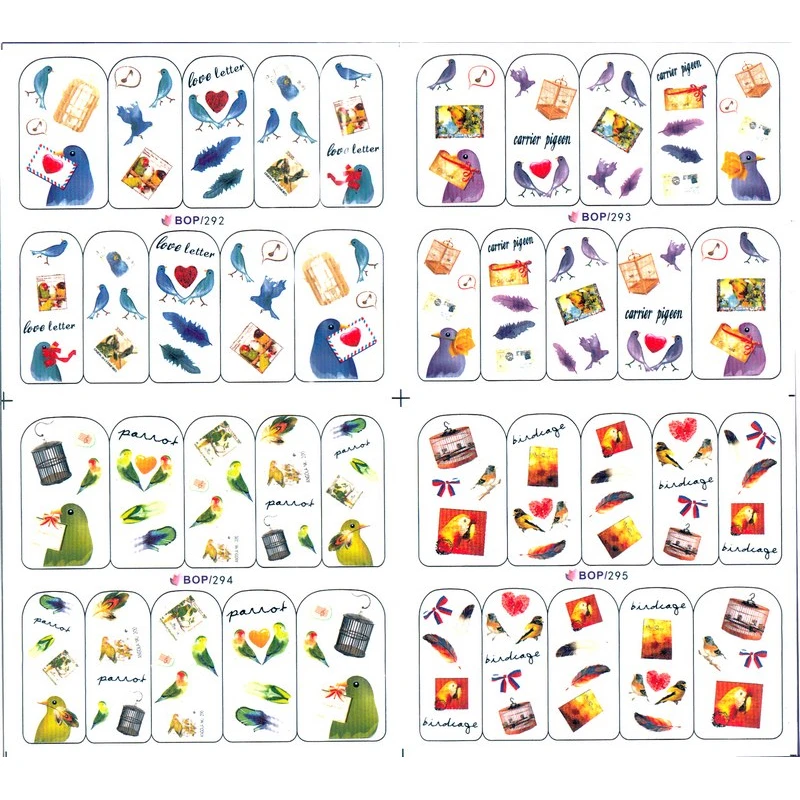 4 упаковки в комплекте клетка с птицами перьями наклейки для ногтей Водные