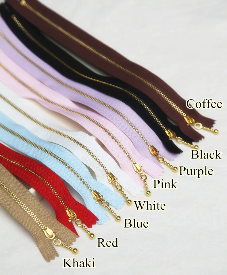 

10pcs nylon Zipper Metal copper gold Teeth/NO.3/close End/drop slider/color zip wallet bag free shipping(from 12 to 30cm)