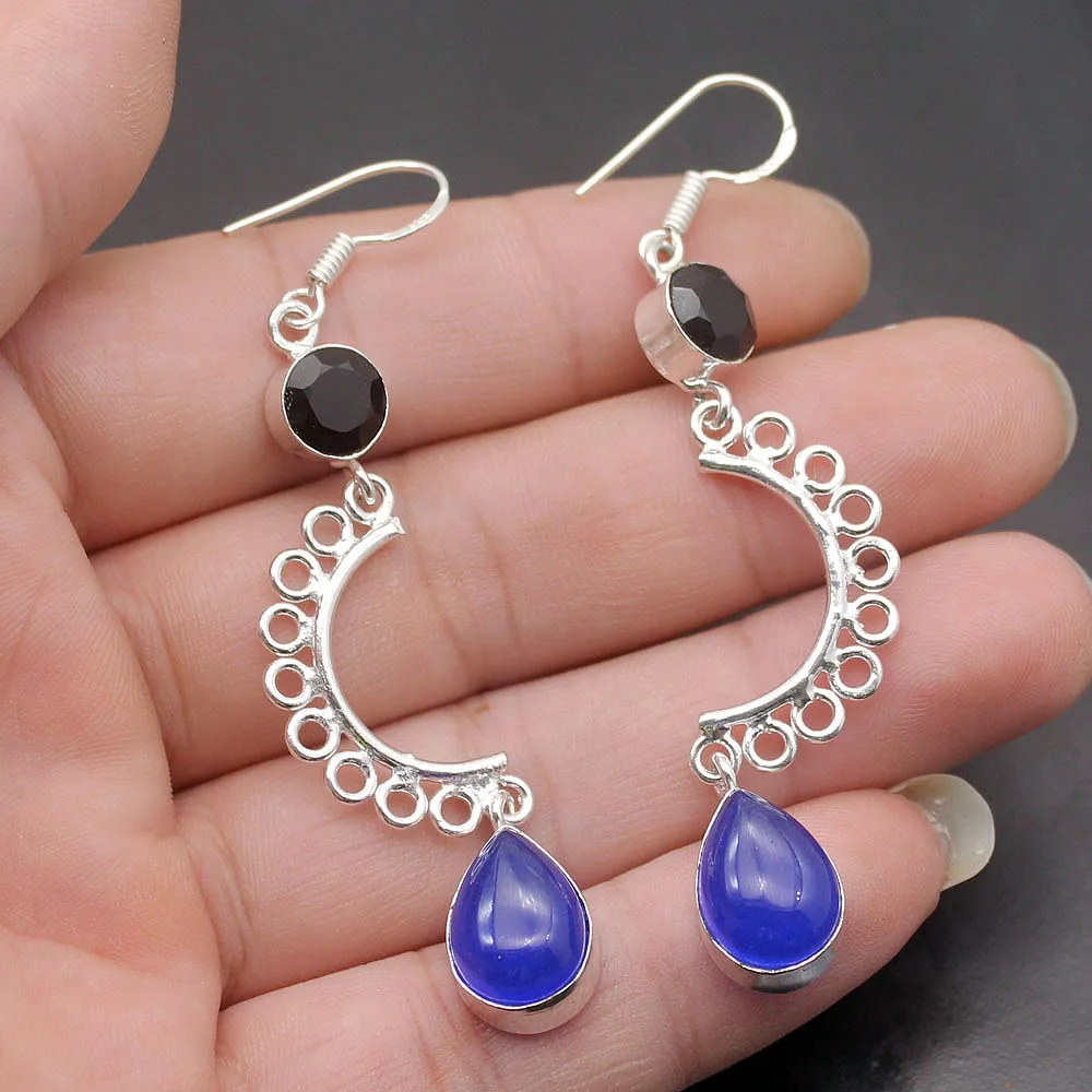 Hermosa трендовые Женские Висячие серьги BlueChalcedony BlackOnyx 2 7/8 дюйма A432 | Украшения и