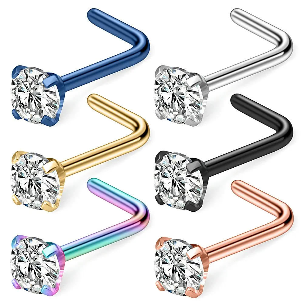 

JFORYOU 20G Surgical Steel Mix Color CZ Nose Stud Rings L Shaped Piercing Jewelry 1.5mm 2mm 2.5mm 3mm 1-6PCS