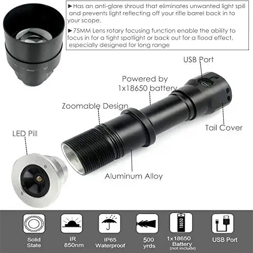 UniqueFire USB Перезаряжаемый T75 светодиодный ИК 850nm светильник-вспышка инфракрасный светильник фонарь ночного видения с переключателем, крепление для прицела, 3 светодиодный