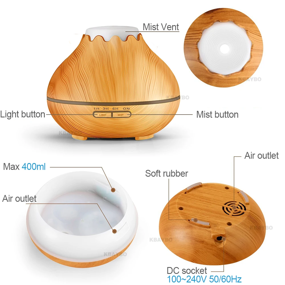 400ml Air Humidifier Essential Oil Diffuser Aroma Lamp Aromatherapy Electric Mist Maker for Home-Wood | Бытовая техника