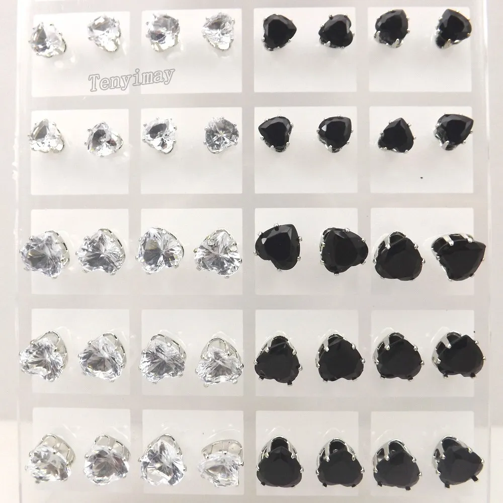 36 пар/лот 5 6 8 мм черные и прозрачные серьги с цирконием в форме сердца оптовая