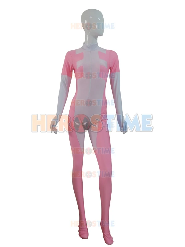 Новейший женский костюм Дэдпула розового и белого цветов из спандекса