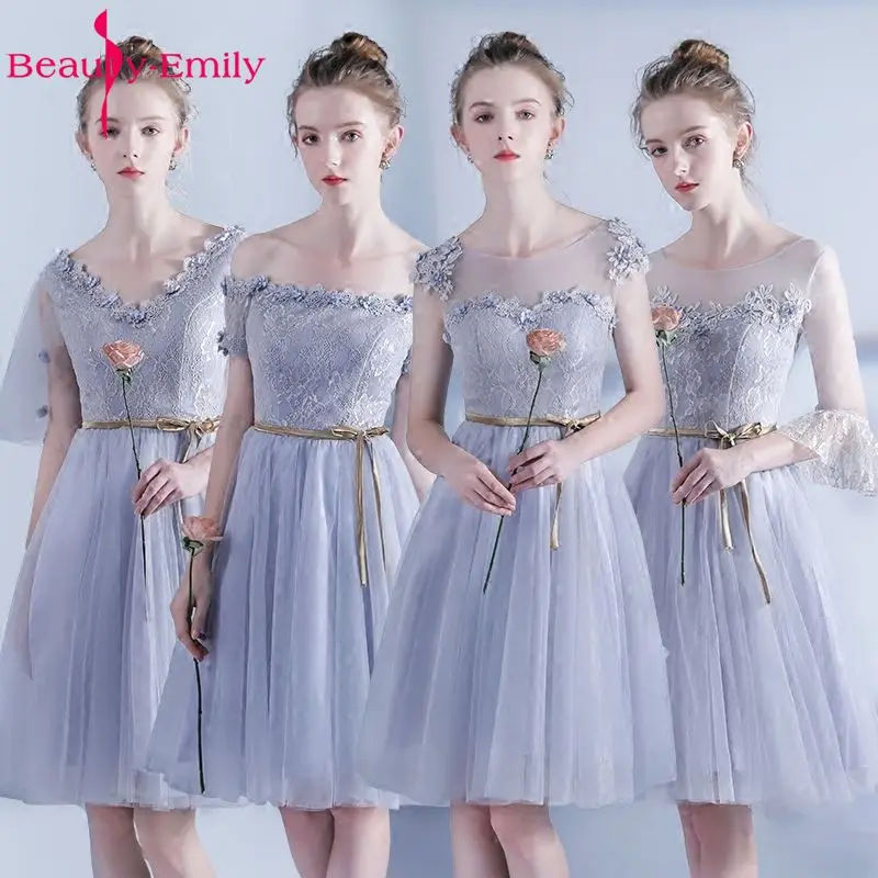 Короткое серое кружевное платье подружки невесты красивой Эмили 2019