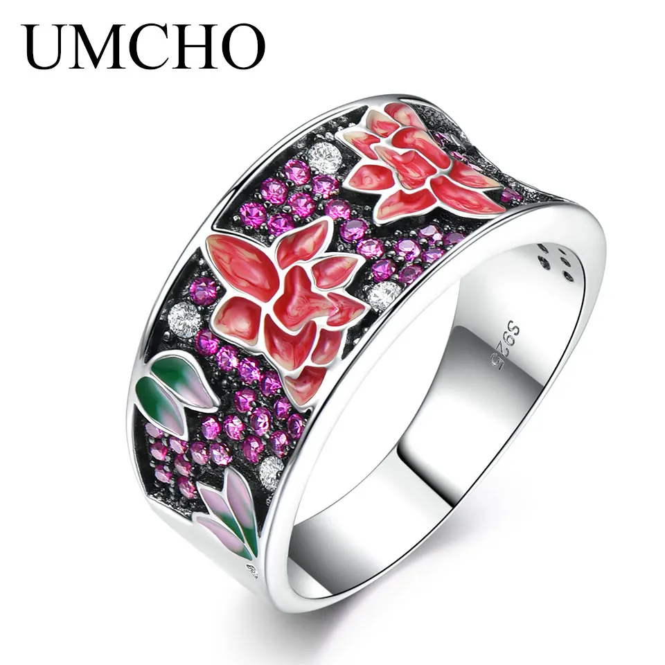 colorful UMCHO серебряные кольца для женщин 925 пробы серебро белый CZ ручной работы эмаль завод цветок уникальное кольцо женский подарок на вечеринку ювелирные изделия - Цвет камня: colorful