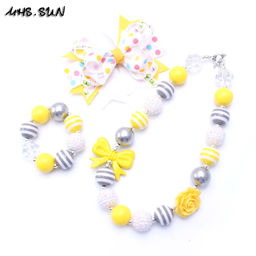 MHS.SUN Kids Jewelry Set Shiny Lemon Yellow Bubblegum Beads Necklace Bracelet Bowknot Hairclips For Girls Fashion | Украшения и