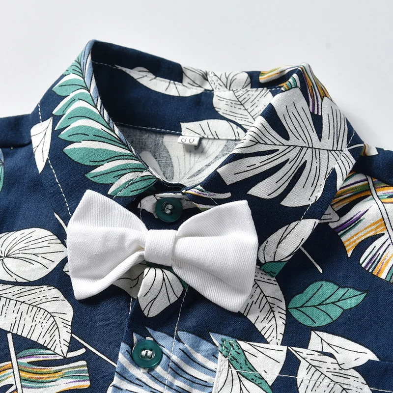 Топ и топ, комплект одежды для мальчиков, летняя Модная рубашка с короткими рукавами и бабочкой в цветочек+ шорты Повседневная одежда для мальчиков костюм джентльмена из 2 предметов