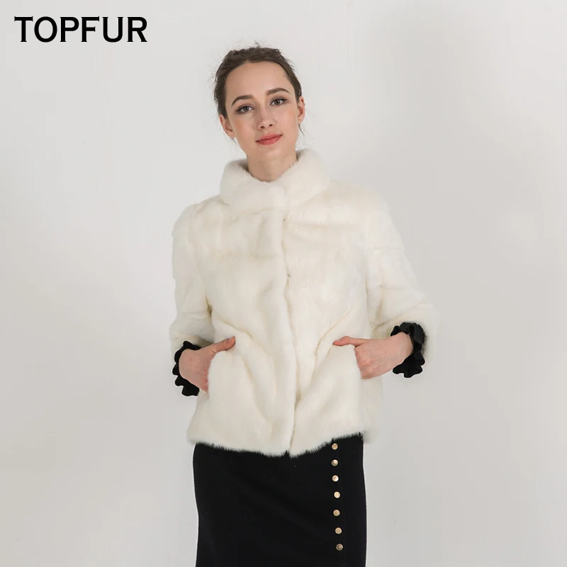 TOPFUR New Arrival White Full Pelt Mink Fur Coats For Women With Standing Collar Short Coat High Quality Mink Fur Jacket