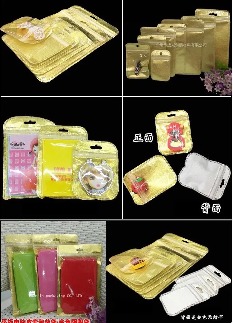 

200Pcs Gold/Silver Self Seal Small Plastic Zip Lock Packing Bag With Hang Hole Poly Grocery Package ZipLock Pouch Bags
