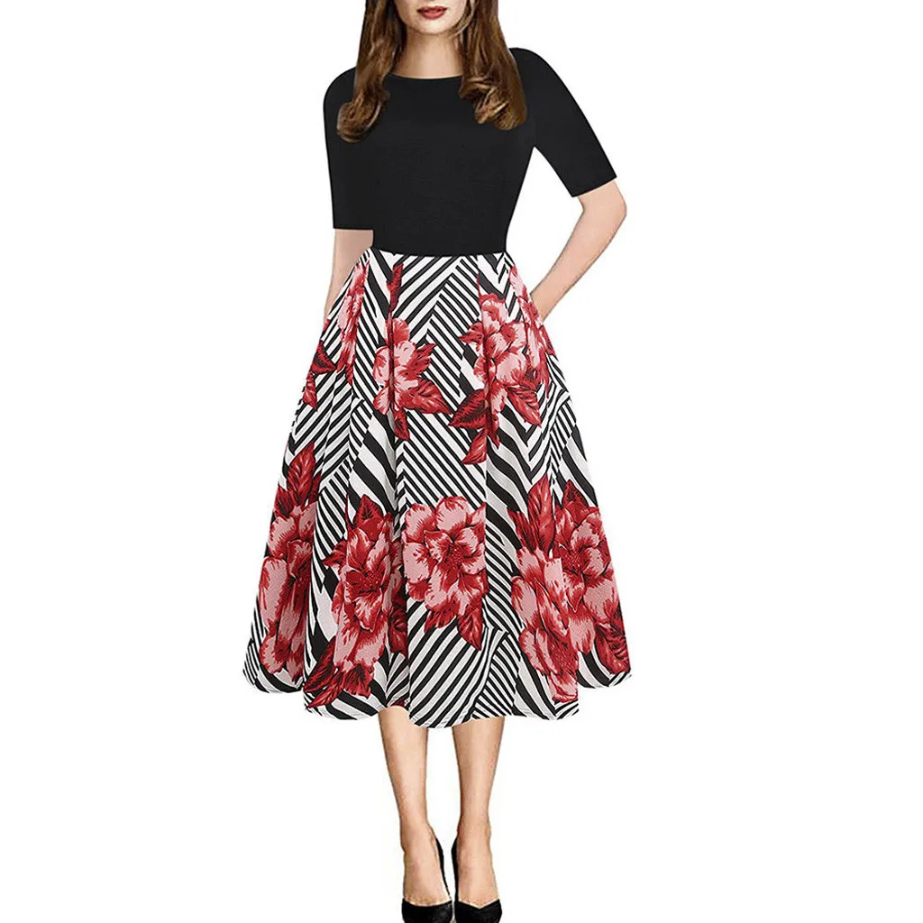 Платье женское вечернее ТРАПЕЦИЕВИДНОЕ с цветочным принтом коротким рукавом и