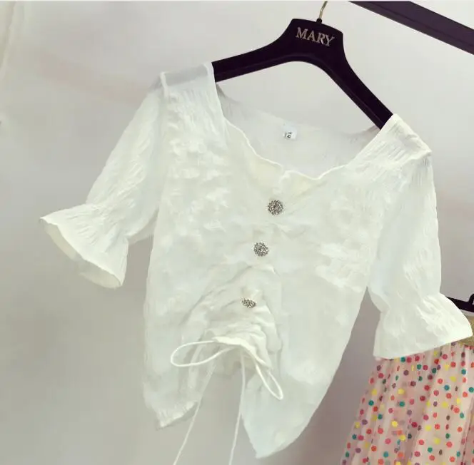 Only White Tops Г. летняя модная дизайнерская блузка с рюшами и квадратным воротником, рукав-раструб белый, рубашка и юбка в горошек ярких цветов милый комплект из 2 предметов для девочек - Цвет: Only White Tops