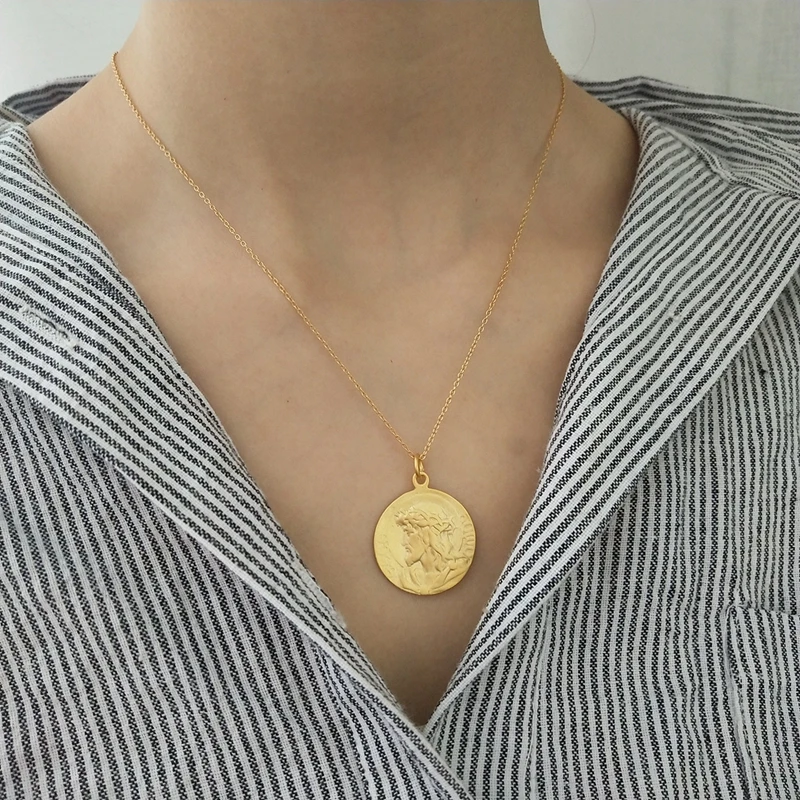 LouLeur 925 sterling silver Double-sided portrait pendant necklace gold round figure for women festival jewelry gift | Украшения и
