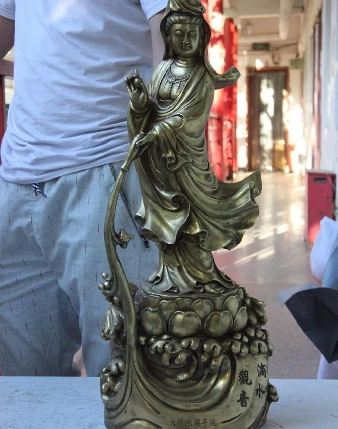 Тибетский буддизм бронзовый медный капельный водный Лотос Кван-Инь статуя Будды