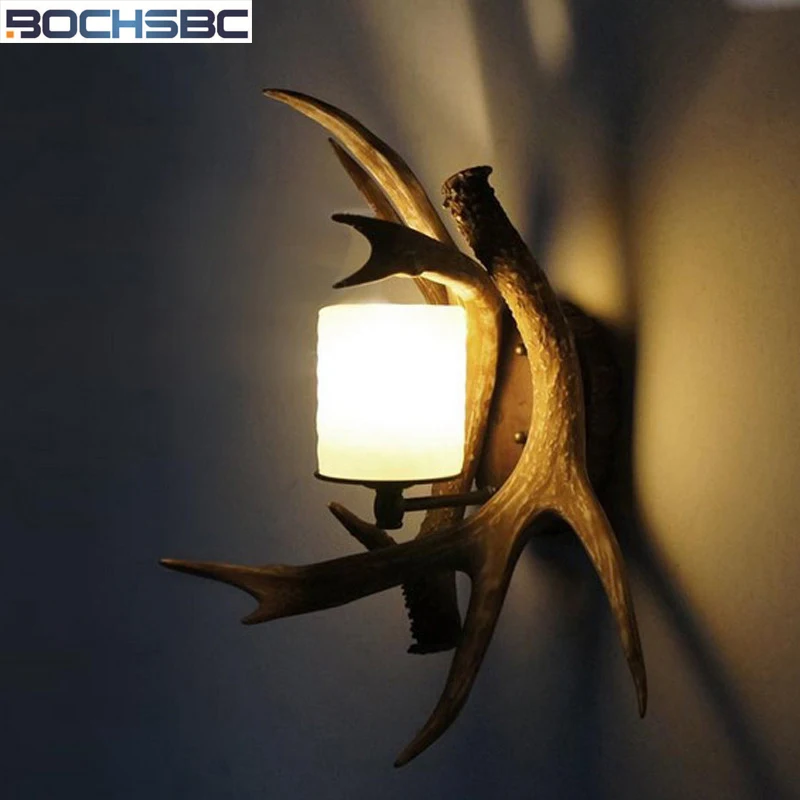 

BOCHSBC Glass Lampshad Resin Antler Wall Lamp Decorative LED Lamp for Kitchen Dining Room Bedroom Bathroom Stairs Lompara Lights