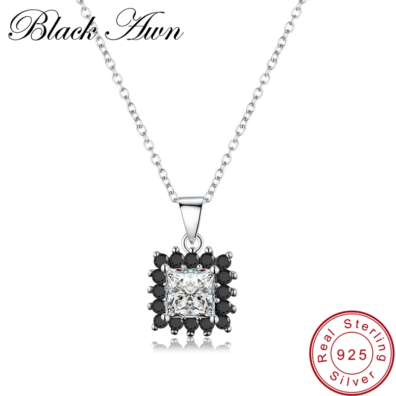 

[BLACK AWN] Real 925 Sterling Silver Jewelry Square Black Spinel Stone Necklace for Women Sterling Silver Jewelry P169