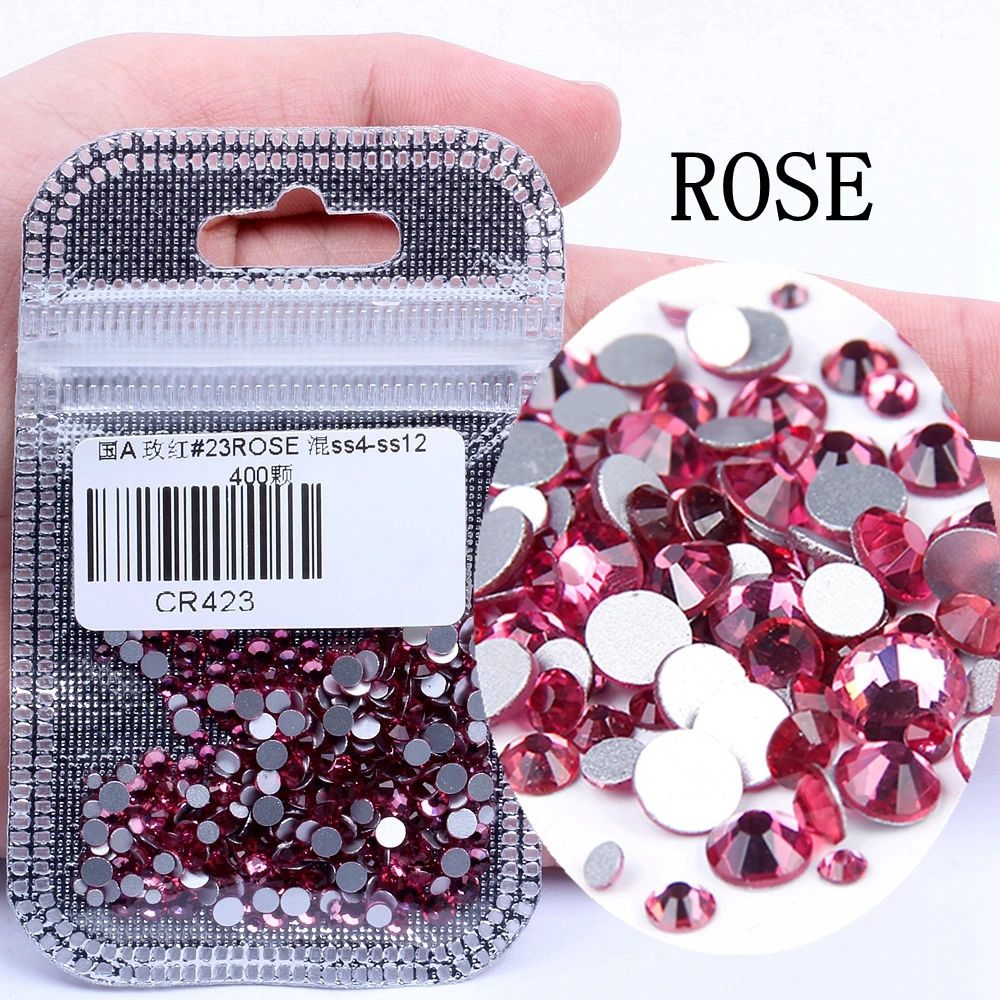 23 ROSE 400 шт, 60 цветов, разные размеры, ss4-ss12, для дизайна ногтей, не горячей фиксации, хрустальные стразы, сделай сам, плоские с оборота, 3D стеклянные украшения для ногтей, стразы - Цвет: 23 ROSE