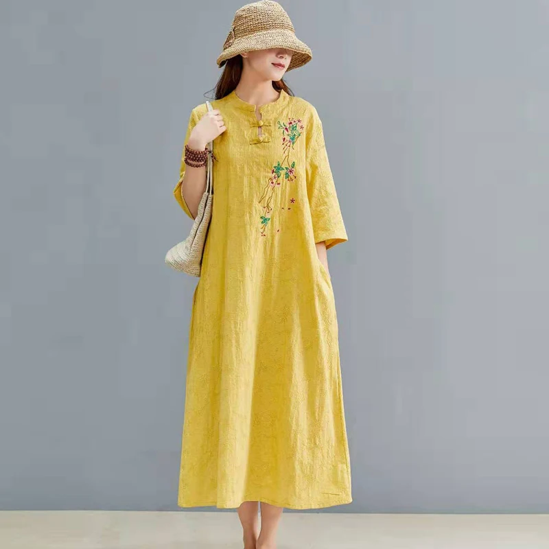 Китайское платье cheongsam qipao, современное хлопковое льняное платье cheongsam, платье cheongsam с коротким рукавом и вышивкой, женское нижнее белье - Цвет: color1