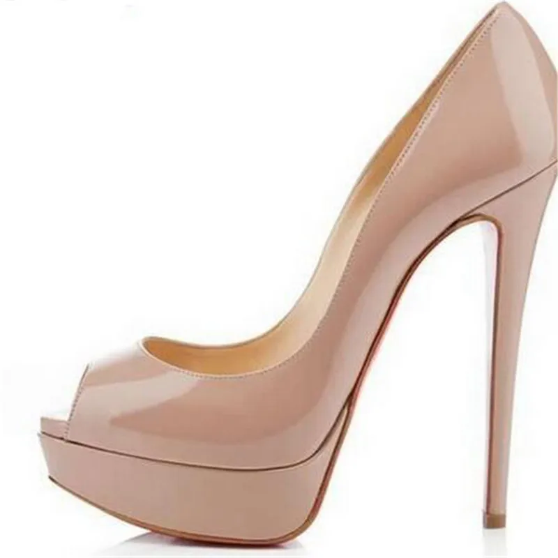 

Hot Sale Nude Pumps Leather Patent Stiletto Heel Women Luxury Shoes Concise Peep Toe High Heels Party Shoes