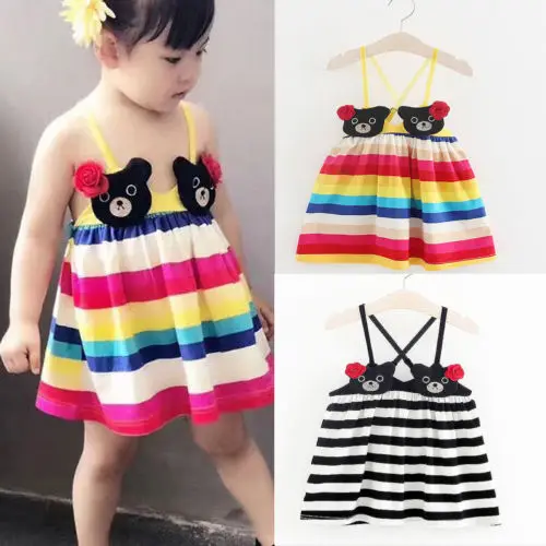 2018 Summer New Cute Baby Girls Rainbow Striped Dress Kids Toddler Bear Strap Casual Dresses Clothes Child | Детская одежда и