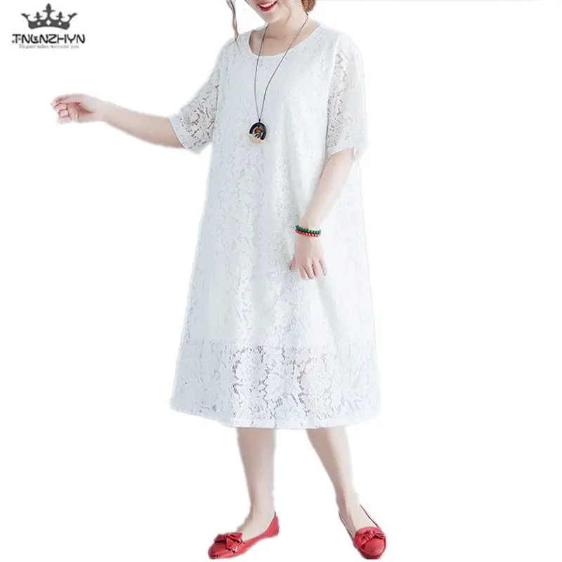 

TNLNZHYN Women clothing Lace dress summer new fashion large size fat MM loose short-sleeved casual female High-end dress JY06