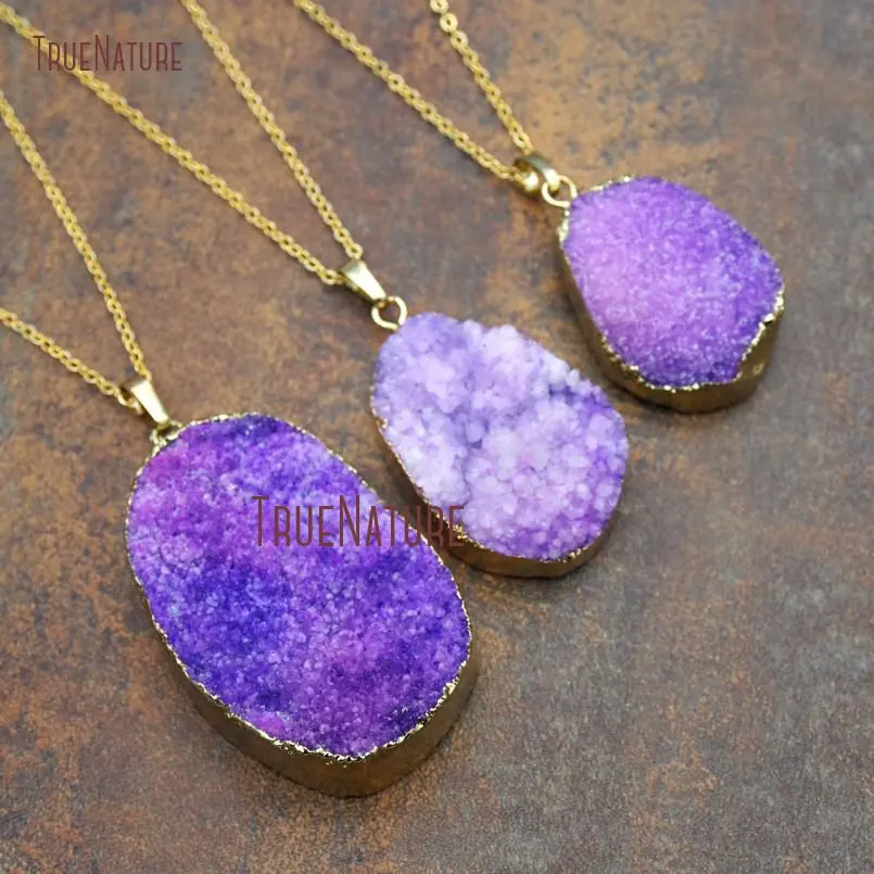 

Ожерелье из чистого золота с кристаллами Druzy, ожерелье, Фиолетовый Кристалл, около овальной формы, золотые цепочки, 18 дюймов, NM11140