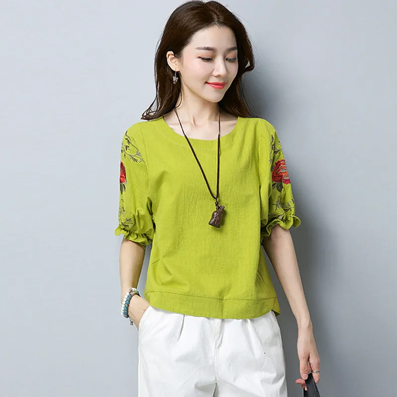 Green Short Sleeve Блузка размера плюс женская с коротким рукавом с пышными рукавами Топ Женская хлопковая льняная рубашка свободная повседневная с вышивкой и круглым вырезом - Цвет: Green Short Sleeve