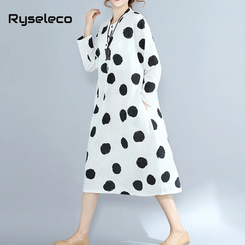 Женское Повседневное платье в горошек свободное платье-рубашка из хлопка и льна