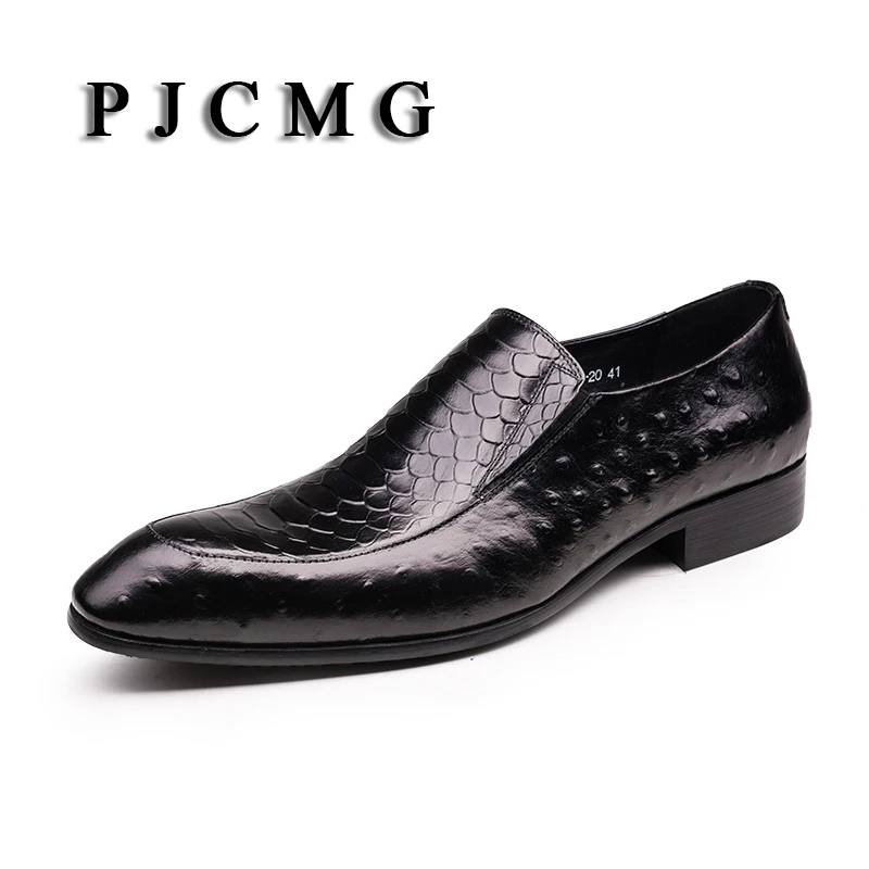 

PJCMG Spring/Autumn Ostrich Style Black/Red Loafers Pointed Toe Slip-On Genuine Leather Wedding Oxford Dress Office Mens Shoes