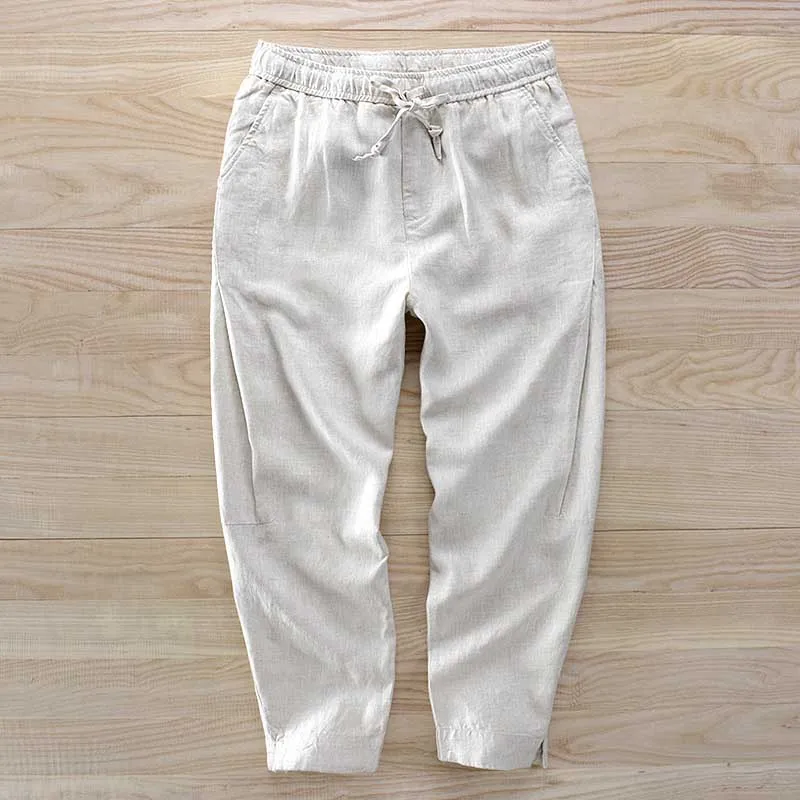 

Spring Summer Urban Joggers Linen Pants Ankle Length Men Casual Pants Soft Boardcloth Sweat Absort Loose Baggy Trousers
