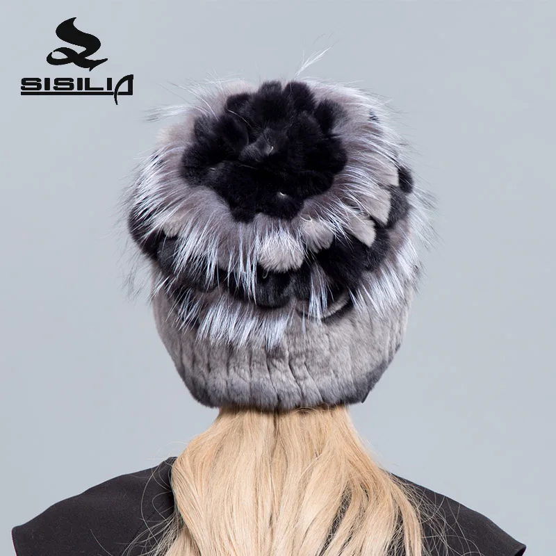 SISILIA 2018 НОВАЯ шапка из меха кролика рекс с лисьим мехом Siliver женская зимняя