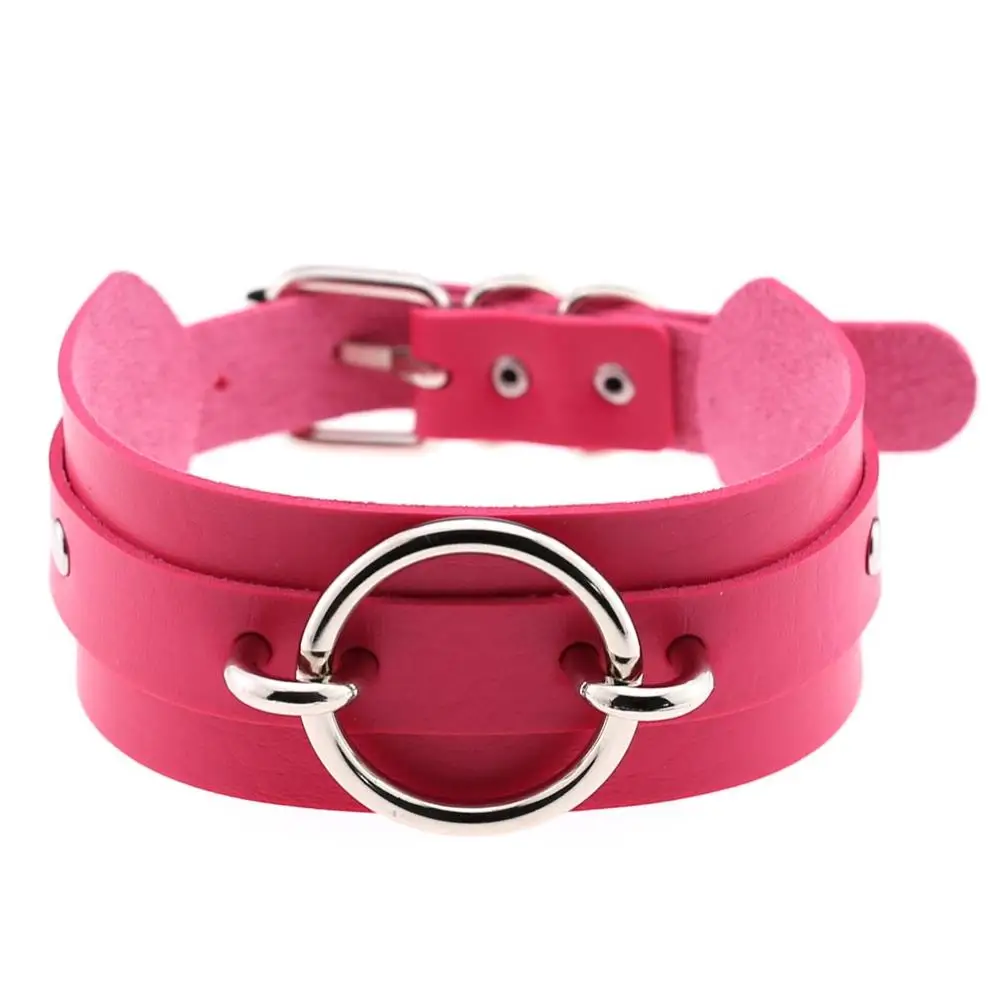 silver fuchsia Сексуальный PU чокер панк Рок ручной работы O круглый двухслойный кожаный воротник, БДСМ ожерелье-бондаж шейный браслет, секс-игрушки для пары - Окраска металла: silver fuchsia