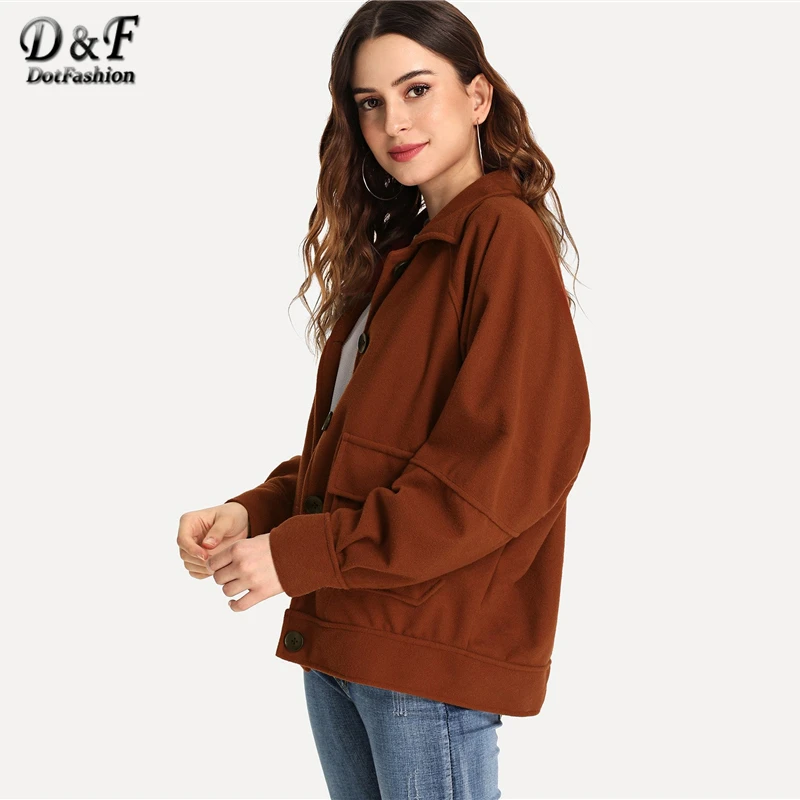 Dotfashion ржавчина двойной карман Кнопка однотонная куртка повседневная однобортная верхняя одежда для женщин осень минималистский уличная пальто