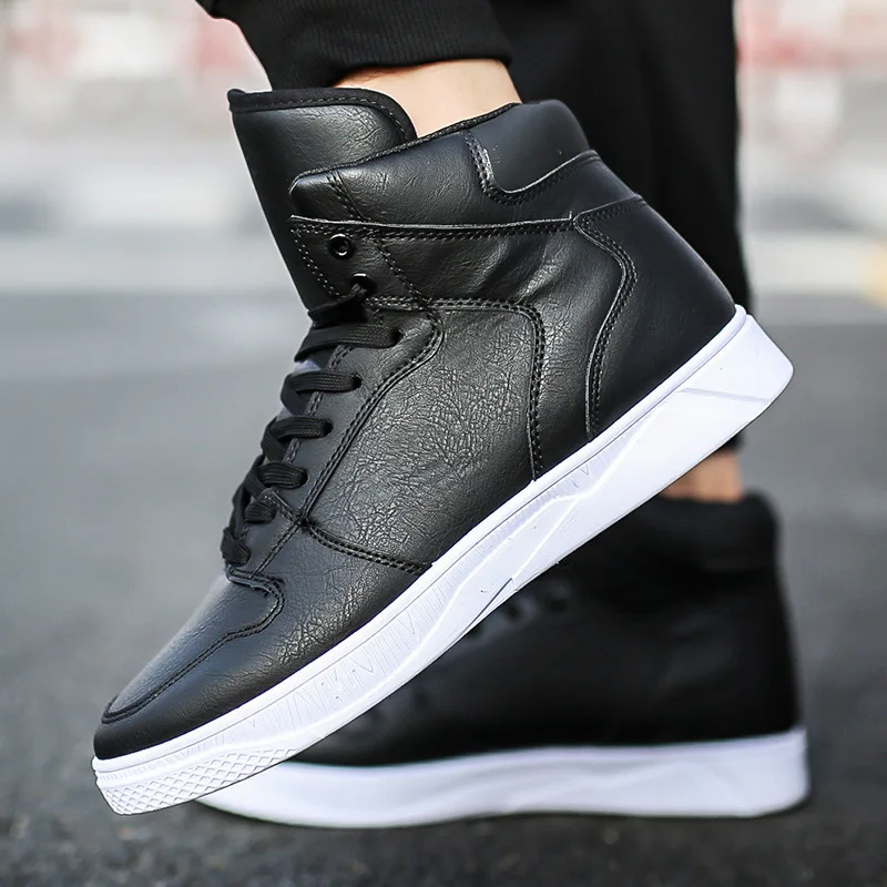 

Fashion Autumn Leather Men Boots Black and White PU Leather Shoes Platform Rubber Mid-calf Mens Casual Work Boots