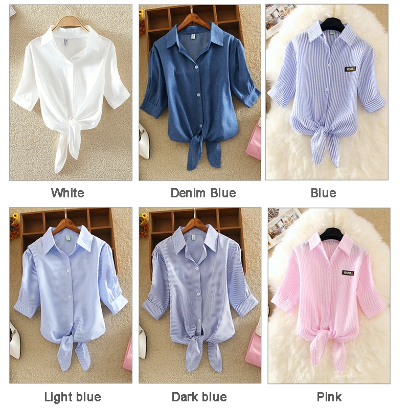 Женская блузка рубашка лето 2021 короткий рукав в полоску с бантом Blusas свободного