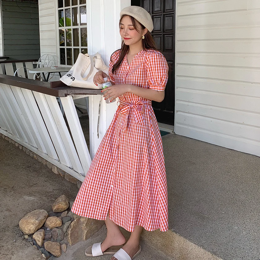 Women Summer Plaid Single Breasted Long Dress V Neck High Waist Short Sleeve Dresses Korean Style Clothing With Belt D97201F | Женская