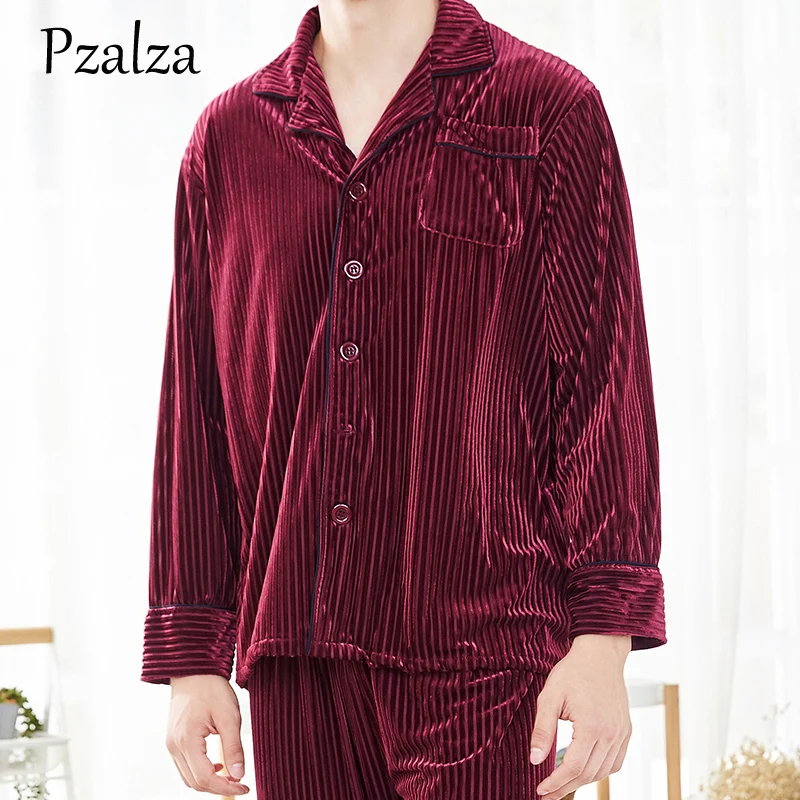 2018 Pajamas Men Winter Long Sleeve Shirt+Pants Men's Pajamas Set Soft Velour Men Pyjama Homewear Red Green Brown L XL XXL