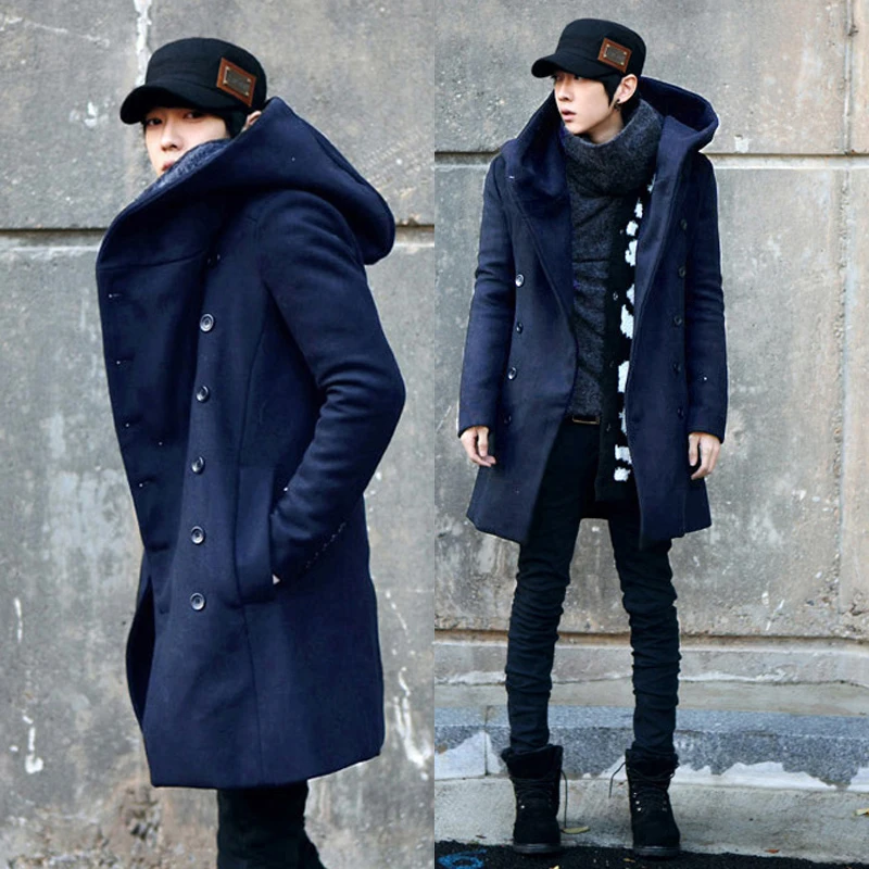 2017 Осень Зима корейский стиль с капюшоном Тренч для мужчин Slim Fit двойная кнопка