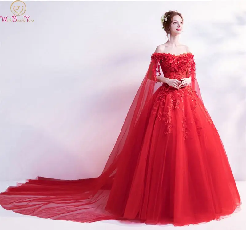 Красное вино Выпускные платья новое поступление специальные рукава лодочка шеи с плеча бальное платье Тюль, аппликация, бисер цветок вечернее платье