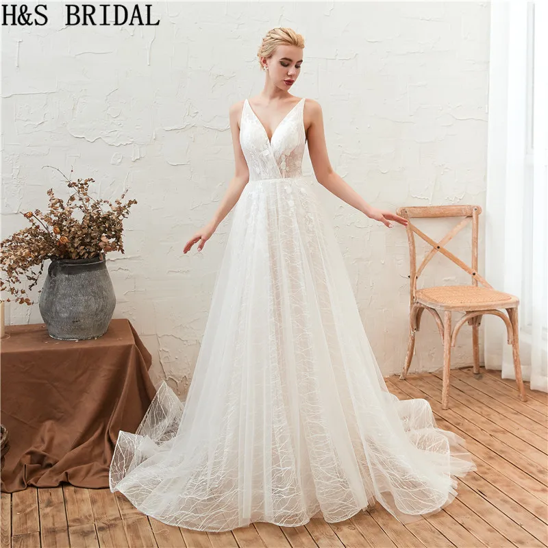 

H&S BRIDAL V Neck Lace simple wedding dress With Spaghetti Straps Backless Wedding Gown vestido de noiva boho wedding dress