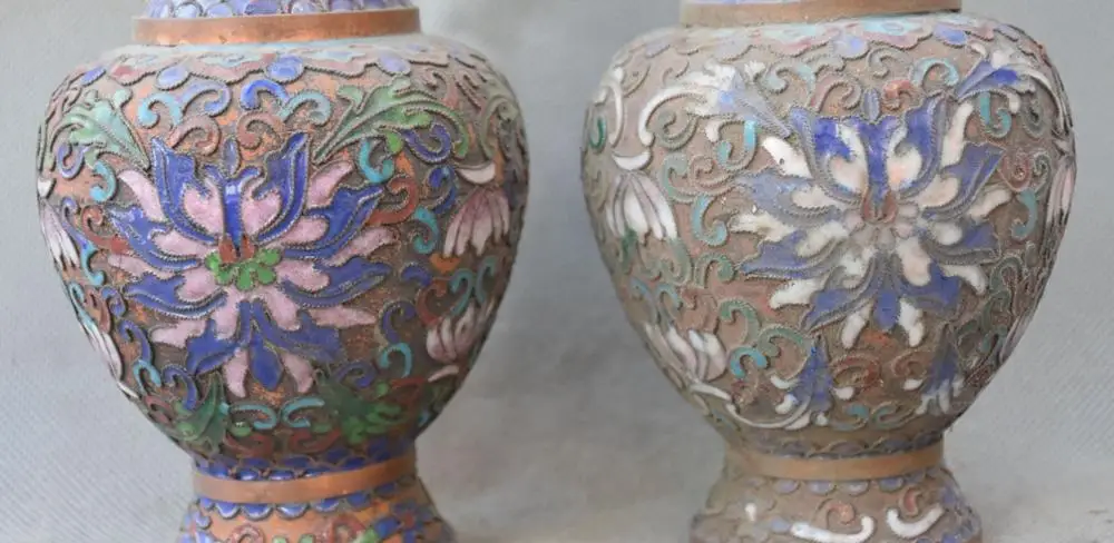 15CM China Cloisonne Bronze Carving Lotus Flower Bottle Vase Flask Pot Jar Pair | Дом и сад
