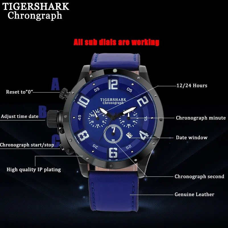 TIGERSHARK мужские спортивные часы кварцевые Топ бренд хронограф кожаный ремешок