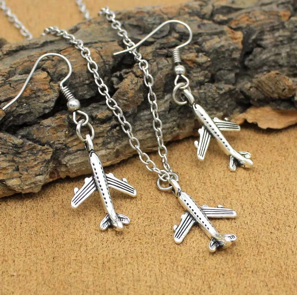 Fashion Tibetan Silver Airplane Aircraft Necklace Earrings Jewelry Sets For Women Girls Party Gift | Украшения и аксессуары