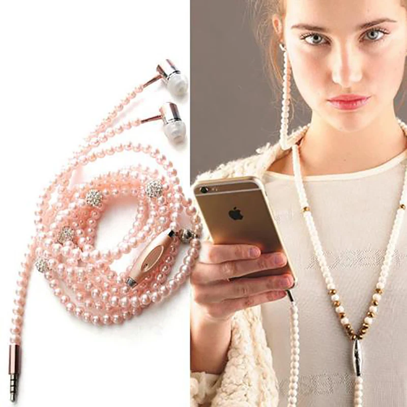 2018 Pink girl Rhinestone Jewelry Pearl Necklace Earphones With Mic 3.5mm Earbuds For Xiaomi iphone Brithday Gift fone de ouvido |